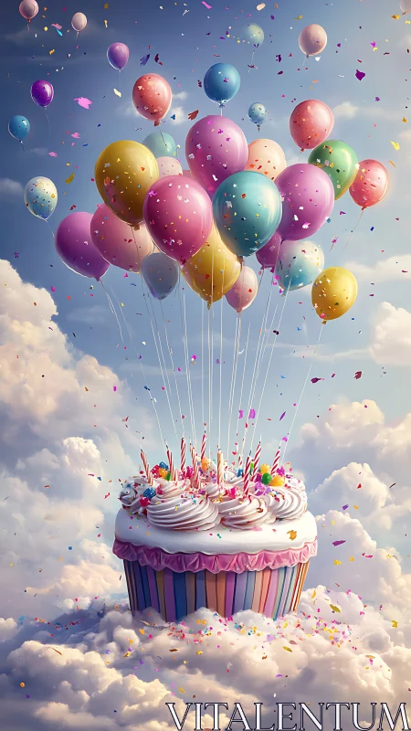 Ethereal Cupcake with Suspended Balloons Against Clouded Sky