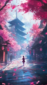 Soft stroll through cherry blossom streets at temple dusk.