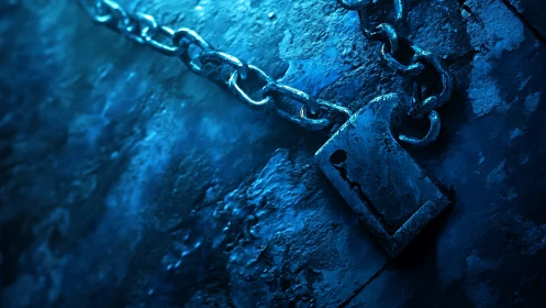 Rusty metal chain and lock plate under cold blue light.