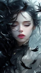 Female portrait with black feathers and closed eyes in water.