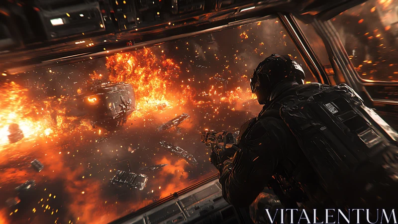 Suited soldier witnesses catastrophic explosion from vessel.