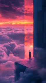Solitary figure on platform facing vivid cloud horizon.