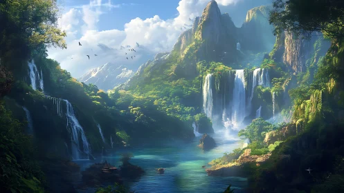 Luminous valley with tiered waterfalls, mist diffusion and aerial depth