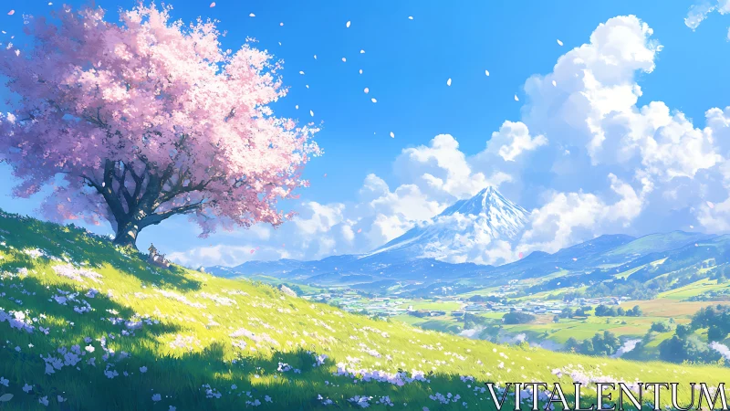 Cherry tree on hillside with distant snowcapped mountain.