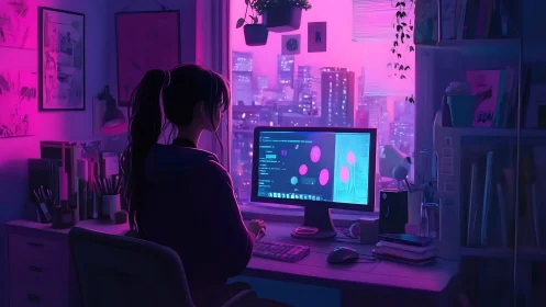 Night coder in neon-lit home studio overlooking cyber city