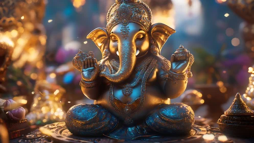 Gentle golden Ganesha statue glowing in soft festival light.