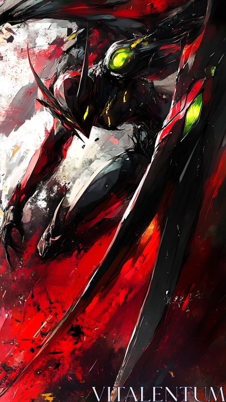 Demonic biomech warrior emerges through chaotic crimson vortex.