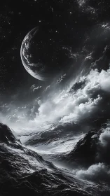 Alien moonlit landscape unfolds beneath swirling cosmic clouds.