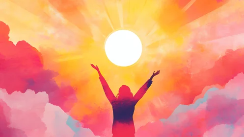 Silhouette figure stands beneath centralized sun amid clouds