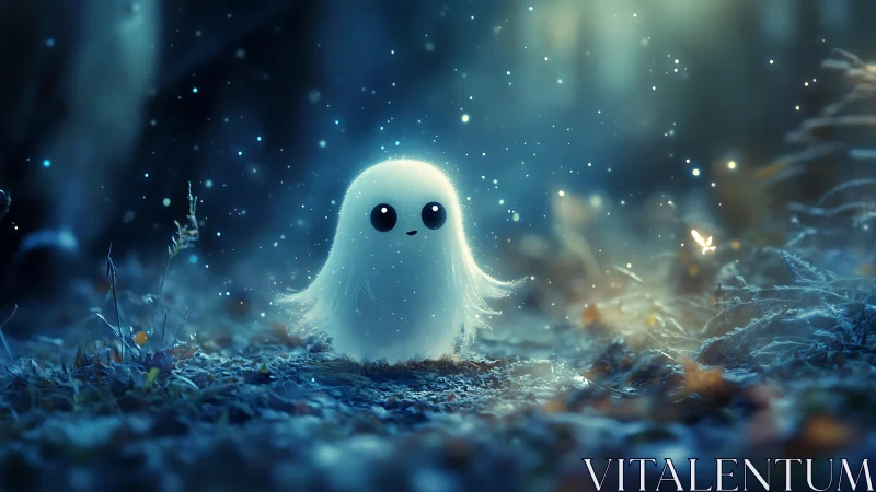 Moonlit forest wisp smiles amid drifting blue night sparkles.