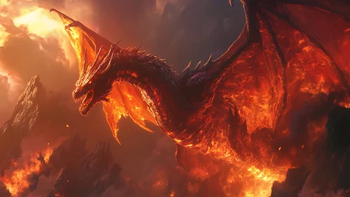 Inferno-winged dragon storms a volcanic sky in blazing fury.