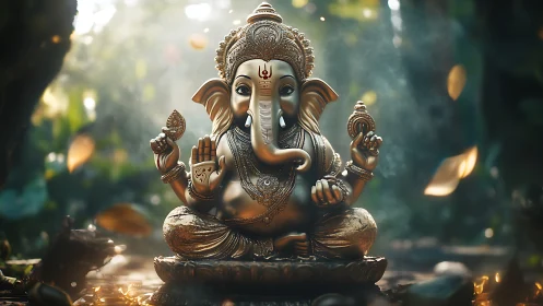 Golden Ganesha statue glows calmly in a soft forest light