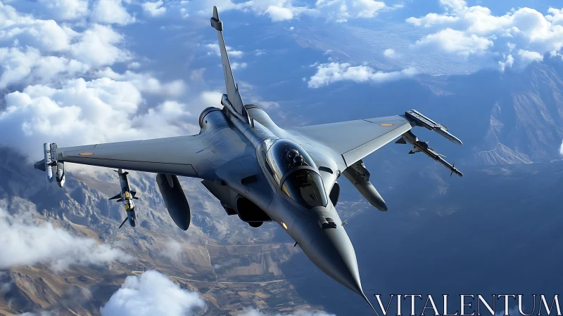 Steel raptor knifes through sunlit clouds above rugged peaks.