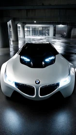 Futuristic white sports car glows under wet urban overpass.