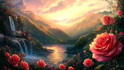 Glowing roses welcome sunrise over a tranquil waterfall valley