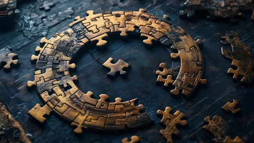 Circular brass puzzle ring with missing central segment pieces