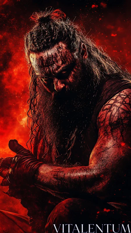 Warrior with bloodstained face crouches before fiery backdrop