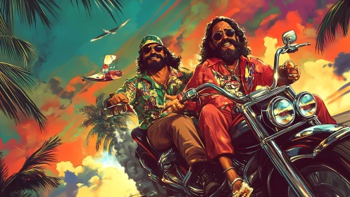 Two motorcyclists on coastal road under vivid sunset sky.