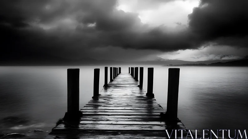 Monochrome pier receding into mist under dramatic storm clouds