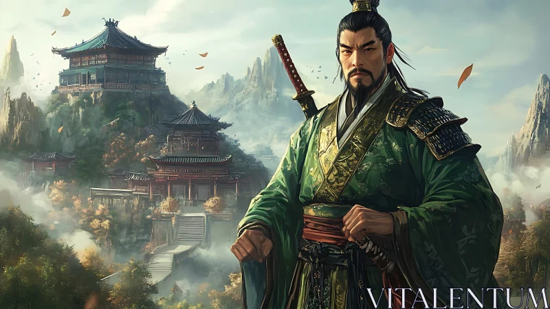 Stoic samurai lord guards misty mountain temples at dawn