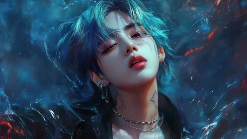 Storm-kissed rebel leans into neon tides of electric blue desire