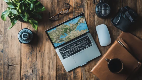 Laptop with map display on wooden desk with work items.