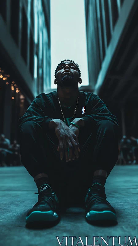 Low-angle urban portrait of seated man in teal cinematic light.