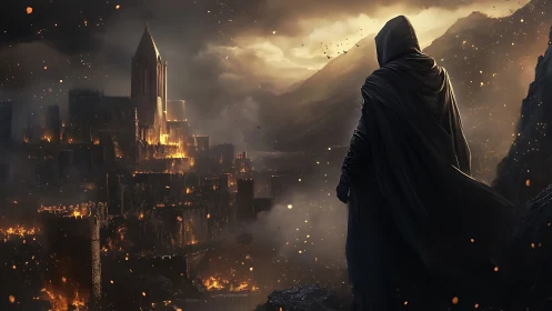 Hooded wanderer watching a burning mountain citadel crumble.