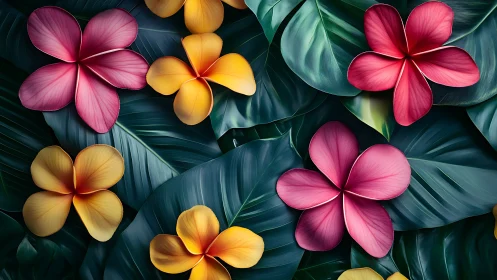 Tropical blooms shimmer against lush emerald foliage in ethereal botanical array