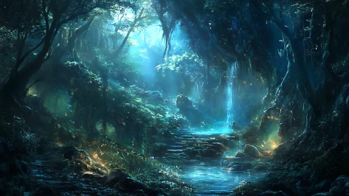 Bioluminescent Cave Sanctuary with Cascading Waterfall and Ethereal Light.