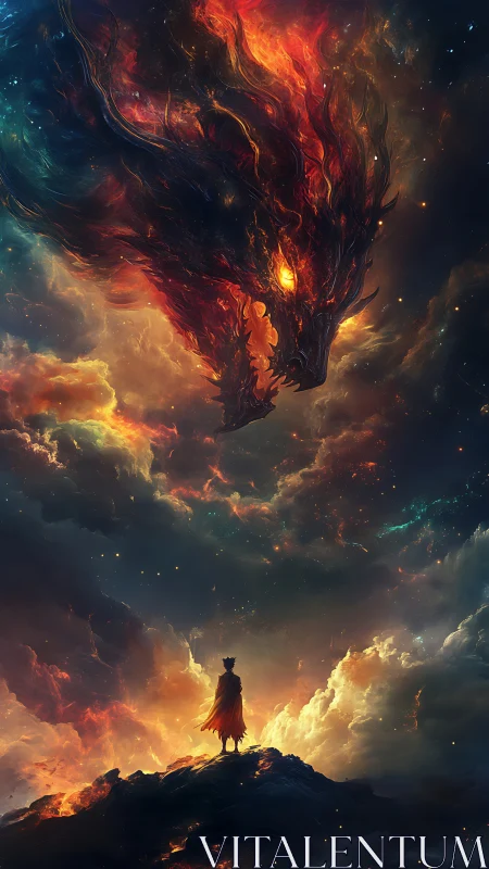 Fiery cosmic dragon meets lone hero in glowing storm sky