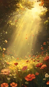 Sunlight filters through forest canopy onto poppy meadow