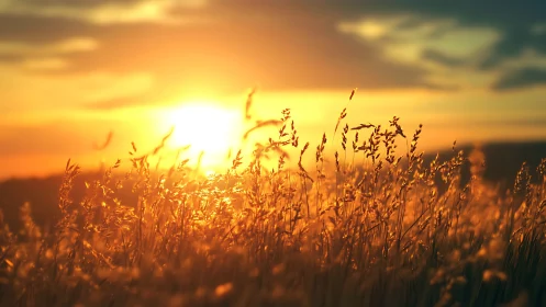 Golden sunset light over tall grass in an open field.