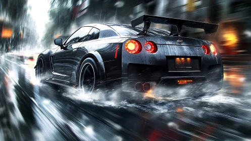Roaring sports car surges through a rainy neon city street at speed