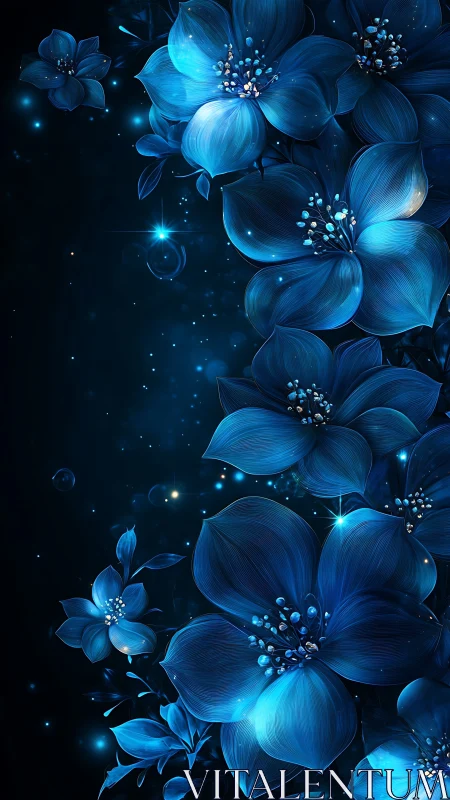 Glowing Blue Flowers Dance in Enchanted Darkness
