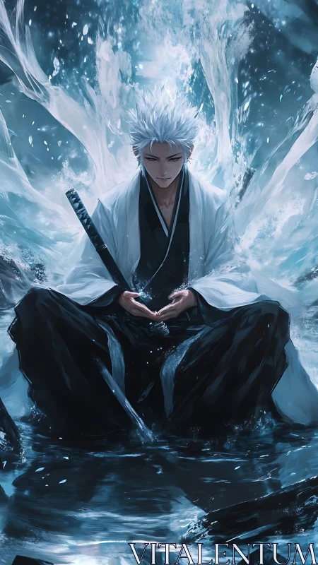 White haired swordsman meditating amid swirling water.