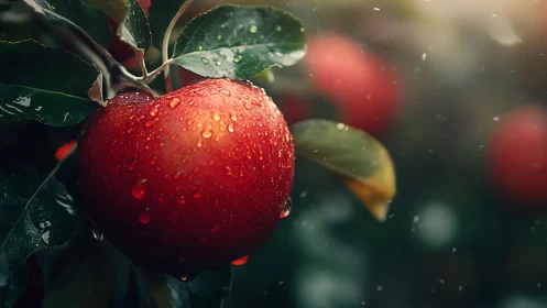 Sunlit red apple hangs with fresh raindrops after gentle rain
