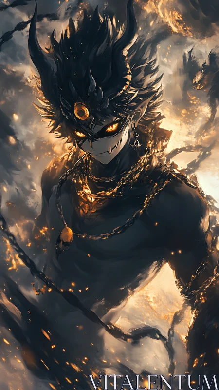 Horned ember spirit wrapped in molten chains of dusk.