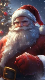 Santa squares his mittened fist like a snowy superhero