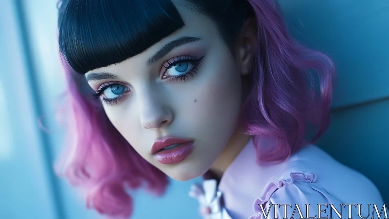 Cyan-magenta portrait of doll-like girl in soft window light