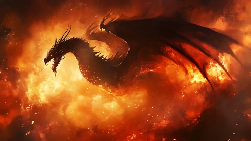 Fiery red dragon soaring through burning storm of flames.