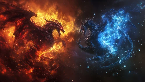 Elemental fire and ice dragons clash in explosive battle.