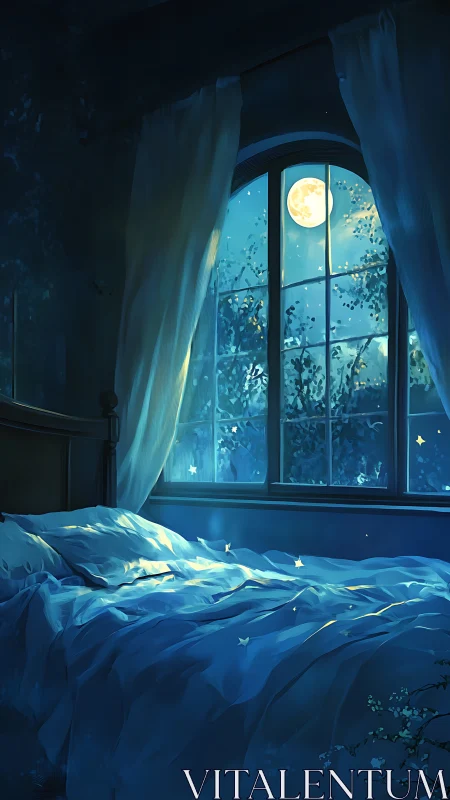 Moonlit bedroom interior shows unmade bed and arched window