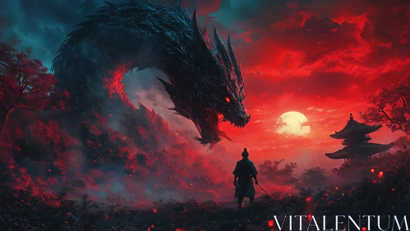 Moonlit samurai meets a swirling crimson sky dragon.