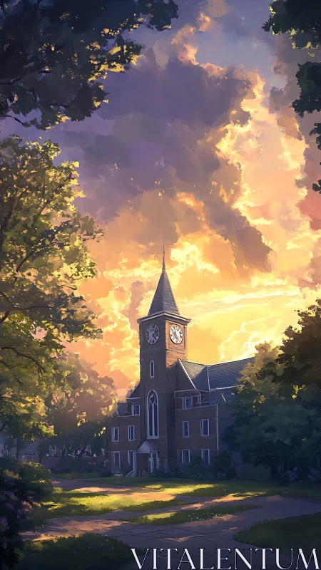 Sunset clocktower soaking a quiet campus lane in gold.