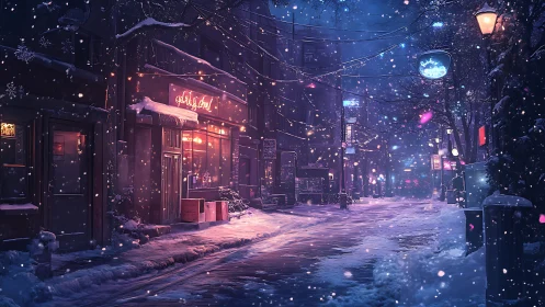 Snowy neon city street glows with cozy winter warmth.