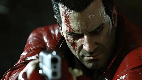 Digital close-up renders a wounded man aiming handgun