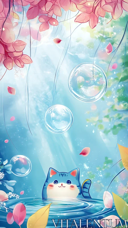 Anime aquatic kitten in pastel forest light with floating bubbles.
