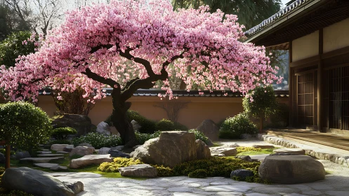 Cherry blossom canopy shades structured Japanese rock garden