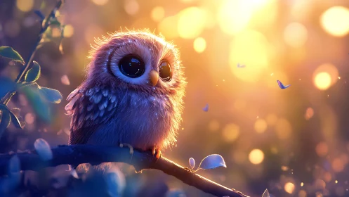 Adorable baby owl on branch in dreamy sunset digital art.